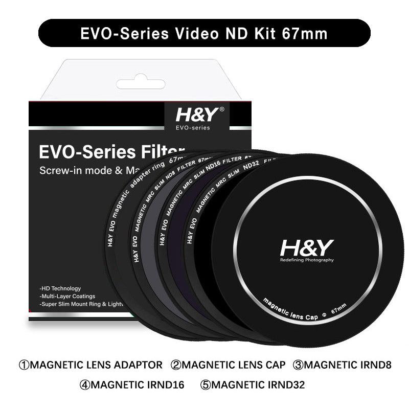 Magnetic EVO Series Video ND Kit with 67mm lens adaptor, lens cap, IRND8, IRND16, and IRND32 for professional video camera filters.