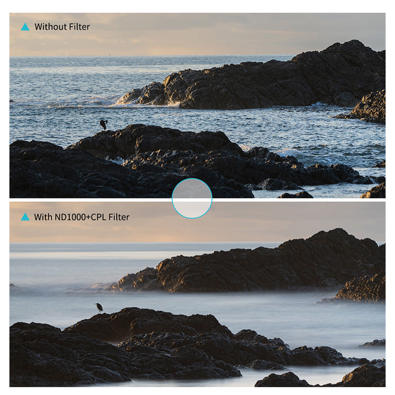 a photo shows how a scenery photo look differently with and without ND+CPL filter