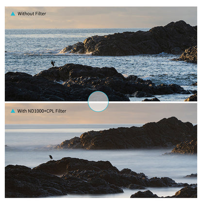 a photo shows how a scenery photo look differently with and without ND+CPL filter